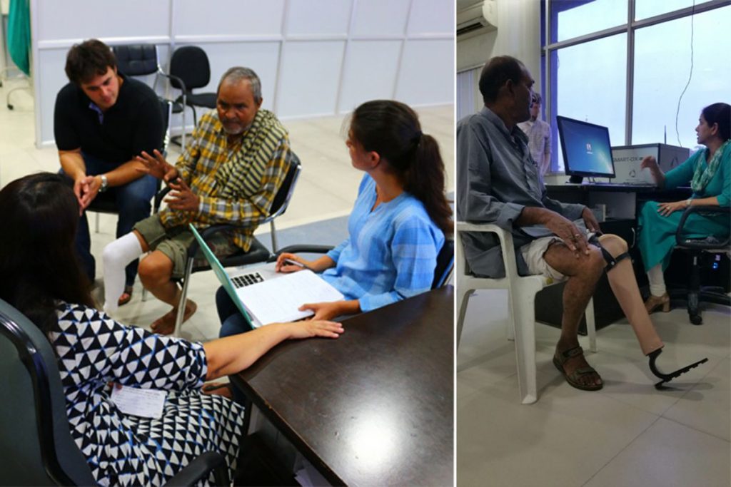 The researchers working with collaborators at Jaipur Foot in Jaipur, India gaining feedback from prosthesis users.