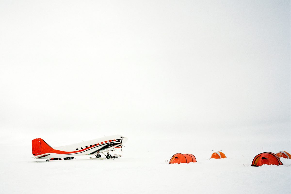 The Basler parked at ALE's South Pole Camp on a no contrast day in Antarctica.