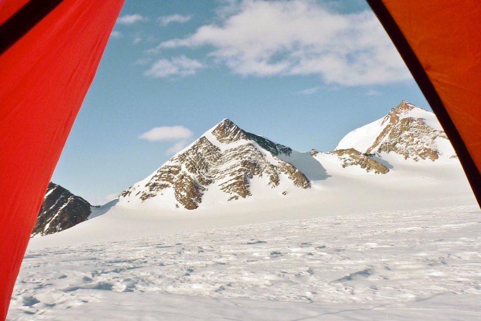View from my tent. Pyramid Peaks are visible through open door of tent, in field camp on Larson Glacier, Antarctica.